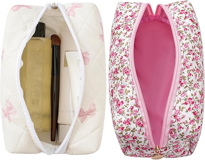 HHQQWZ Makeup Bag Travel Cosmetic Bag for Women Girls, Zipper Make Up Pouch, Floral Flowers Toiletry Organizer Makeup, Portable Storage Cosmetic Travel Cloth Bag (Pink Bow Tie+Flower-Red)