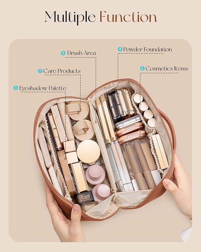 Vlando Makeup Bag,Large Capacity Travel Toiletry Bag,Cosmetic Bags for Women PU Leather Waterproof Portable Pouch with Divider & Handle-Brown