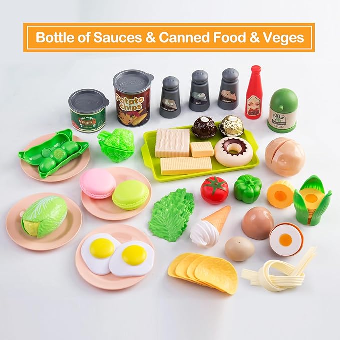 150Pcs Kitchen Playset, Toddlers Pretend Cooking Cookware Accessories, Food, Picnic Blanket, Fruits, Veges, 2Pack Shopping Storage Basket, Dessert and Prop Money, Gift for Kids (Pink)