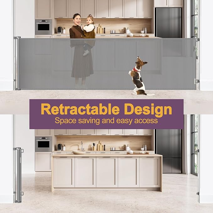 42" Tall X 130" Extra Wide Retractable Dog Gates for Large Openings Extra Tall Pet Gate for Doorways Tall Baby Gates for Dogs Extra Large Mesh Gate Long Outdoor Gate Tall Gate for Kids or Pets, Gray