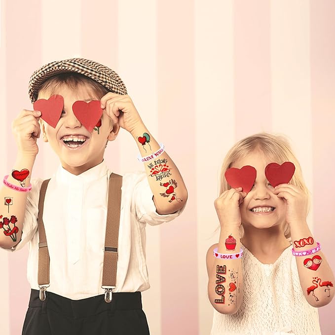 40Pcs Valentine's Day Bracelets with Temporary Tattoos Party Favors Kids for Women Men Girls Boys