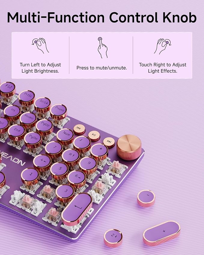 EWEADN Typewriter Style Mechanical Keyboard, Wired Typewriter Keyboards,104 Keys Backlit LED Metal Keyboards, Media Control Knob, Wired Computer Keyboard Pink Switch for Windows/Mac/PC-Purple