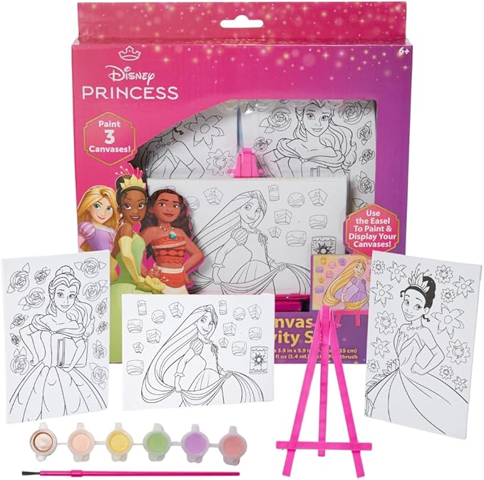 Innovative Designs Disney Princess Canvas Paint Set for Kids with 3 Canvases, Acrylic Paint, Paintbrush, & Easel