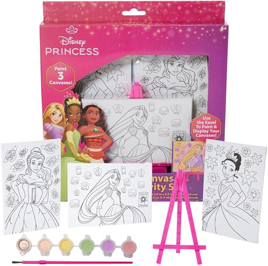 Innovative Designs Disney Princess Canvas Paint Set for Kids with 3 Canvases, Acrylic Paint, Paintbrush, & Easel