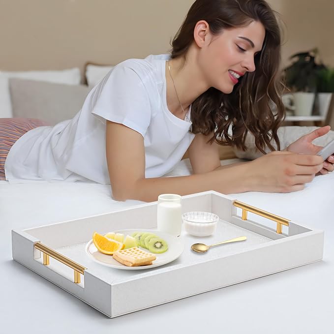 SYYSY White Decorative Tray for Coffee Table, Modern Large Ottoman Tray for Living Room,Drink Coffee Serving Tray