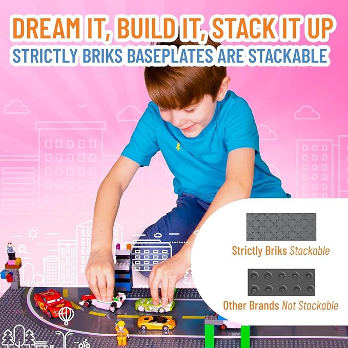 Strictly Briks Compatible with Lego Building Blocks Road Plates 10" x 10", 8 Pack Kids Brick Baseplates for City Road, Street, Race Track, Towns, Classic Size (4 Straight & 4 Curved)