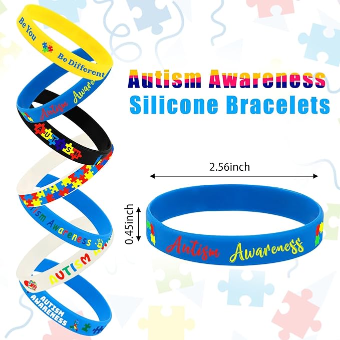 JUNEBRUSHS 42pcs Autism Awareness Silicone Bracelets Colorful Puzzle Pieces Inspirational Rubber Wristbands Accessories for Kids Adults Autism Awareness Party Decorations Gift Supplies (7 Designs)