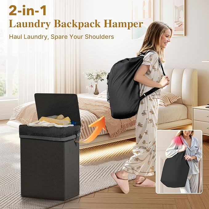 Foluck 60L 2-in-1 Laundry Hamper with Laundry Backpack, Waterproof Basket with Lid, Laundry Bag with Shoulder Straps and Mesh Pocket, Hamper for College Dorm, Travel, Apartment, Laundromat