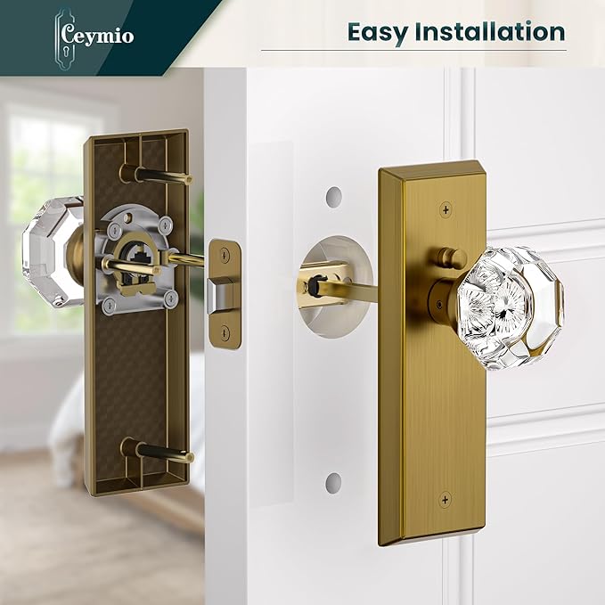 Glass Door Knobs for Interior Doors - Vintage Crystal Privacy Bedroom & Bathroom Door Knob with Lock - Diamond Cut Door Handle - Antique Brass Finish (1 Pack)