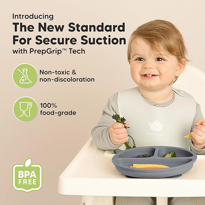 KeaBabies Suction Plates for Baby, Toddler - 3-Pack 100% Silicone Toddler Plates, Divided Baby Plates with Suction, Silicone Plates for Baby, Kids, BPA-Free, Microwave, Dishwasher Safe (Slate)