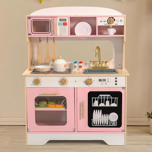 Garsing Play Kitchen Pretend for Kids Toddlers, Double Sided Toy Kitchen and Restaurant with Realistic Features, Wooden Toy Kitchen Sets with Storage and Accessories, Age 3+, Pink