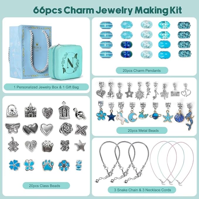 Charm Bracelet Making Kit, Kid Jewelry Making Kit for Girls 8-12, Unicorn Craft Kits for Teen Girls Toys Ages 3-10 Years Old Girl Gifts Trendy Stuff Birthday Christmas Gift with Initial Jewelry Box-N