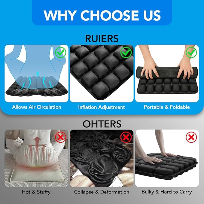 56 Air Cell Inflatable Travel Seat Cushion, 3D Air Bubble Design for Pressure Relief & Ergonomic Support, Self-Inflating with Press Button（No Pump Needed）,Portable for Office Chair,Car,Wheelchair,Home