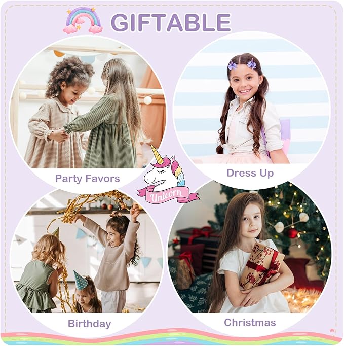 Handmade Unicorn Kids Jewelry Set for Little Girls - Elastic Necklace Bracelet - Clip On Earrings - Adjustable Rings - Bow Hair Clips - Birthday Dressup Childrens Costume w/Box Bags