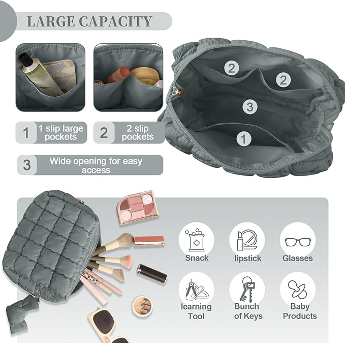 Puffer Quilted Makeup Bag Cosmetic Bags,Puffy Travel Toiletry Pouch for Women,Cute Checkered Zipper Bag Travel Essential,Portable Aesthetic Make up Organizer Bag for Gifts Work Daily(Grey,M)