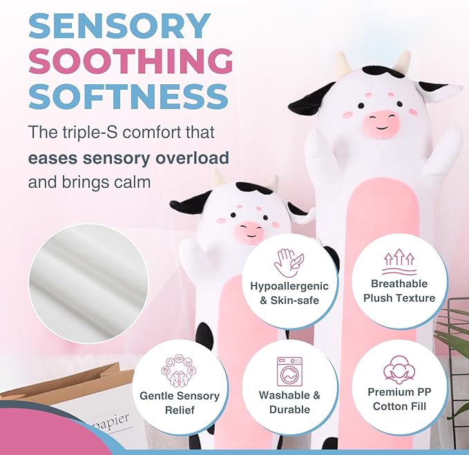 Cow Print Plush Body Pillow for Kids | Long Stuffed Animal Cuddle Pillow | Soft Hugging Toy | Plushie Gift for Girls & Boys | Long Plush Body Pillow for Sleep & Comfort | Small, 23 Inches