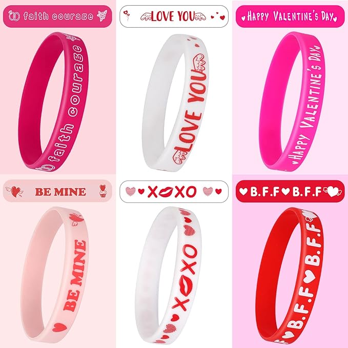 JUNEBRUSHS 24pcs Valentine's Day Party Favors Silicone Bracelets Red Pink Love Heart Wristbands for Kids Adults Valentine's Day Party Decorations Gift (6 Designs)
