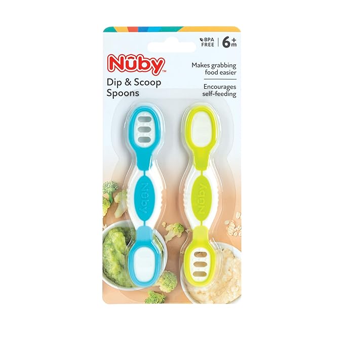 Nuby Dip & Scoop Spoons - (2-Pack) Baby Led Weaning Spoons for Babies - 6+ Months - Aqua and Yellow