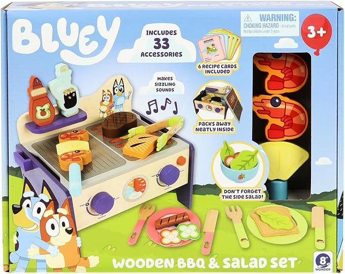 Bluey – Wooden BBQ and Salad Set, 33-Piece Colorful Playset with Tongs and Food Pieces – Realistic Role-Play & Imaginative Fun for Ages 3 Years and Up