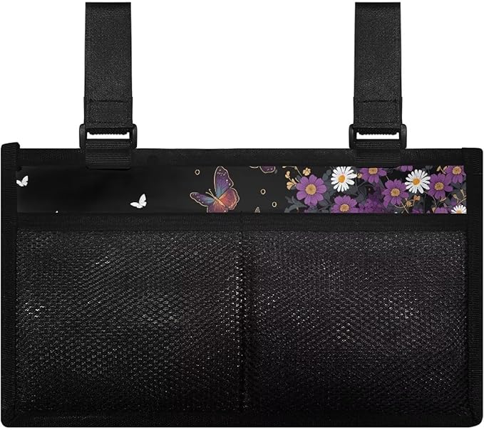 ZOUTAIRONG Purple Daisy Cat Butterfly Wheelchair Side Bag Walker Bag Wheelchair Accessories for Adults Waterproof Armrest Organizer Storage Pouches