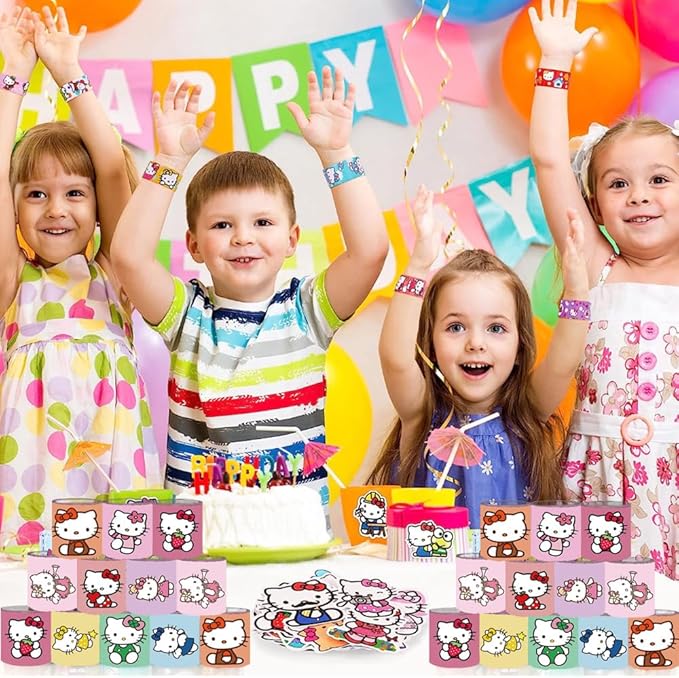 Kitty Party Supplies, Kitty Slap Bracelets, 86PCS Party Favors Contains 36 Slap Bracelets and 50 Stickers, Great Birthday Gift for Boys Girls, Kawaii Goodie Bag Stuffers