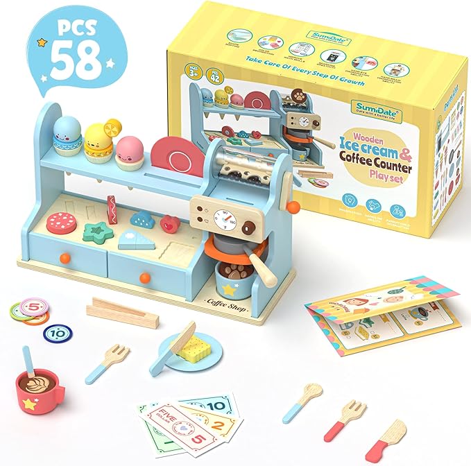 42PCS Wooden Kids Coffee Maker Toy Play Set 3 in 1 Ice Cream Dessert Maker Playset Toy,Pretend Play Food Kitchen Accessories,Montessori Shape Sorter Toy for Girl and Boy