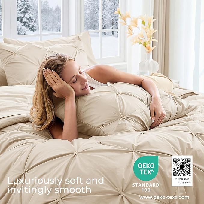 Sasttie California King Comforter Set, 7-Piece Bed in a Bag Cal King, Pintuck Bedding Set for All Season, Includes Comforter, Flat Sheet, Fitted Sheet, Pillowcases and Pillowshams, Warm Beige