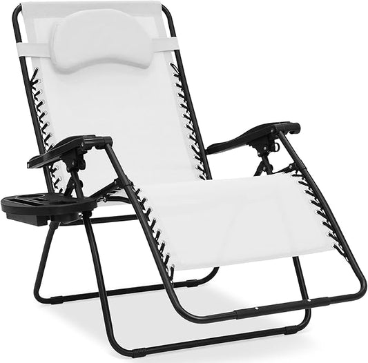 Best Choice Products Oversized Zero Gravity Chair, Folding Outdoor Patio Lounge Recliner w/Cup Holder Accessory Tray, Pillow - Snow/Black