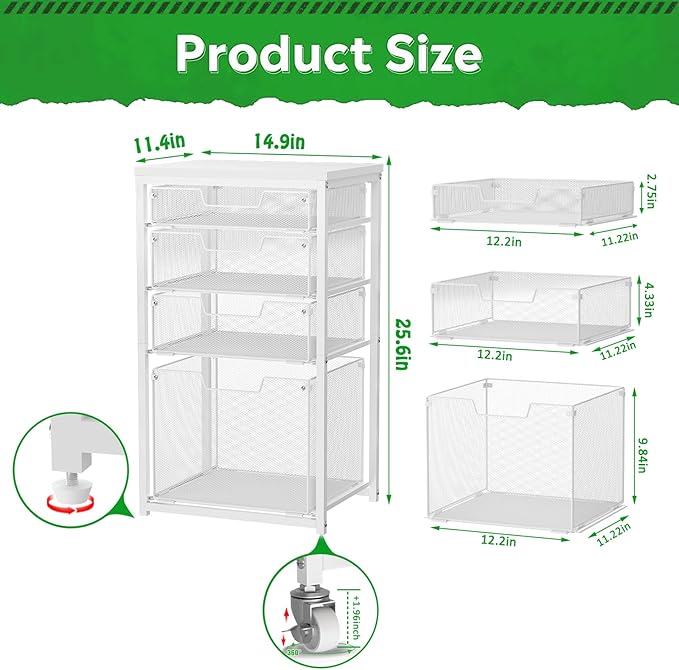 4 Drawer Rolling File Cart with Wheels, Mobile Filing Cabinet for Home Office, Hanging File Organizer, Under Desk Storage, Multifunctional Utility Cart Printer Stand, White (Patent Pending)
