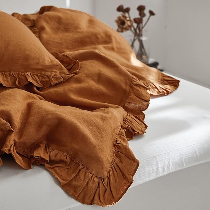 Simple&Opulence 100% Linen Duvet Cover Set, 3 PCS Natural French Flax Rust Ruffle Duvet Cover King Size, Breathable Comfy Linen Bedding Comforter Cover with 2 Pillowcases (Rust, 104" X 92")