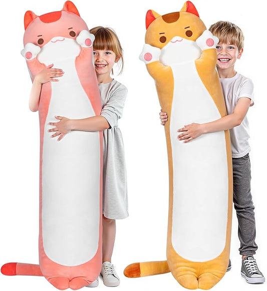 Mewaii Artist-Designed Ultra Soft Long Cat Plush Body Pillow, Extra Stuffing for Comfort, Premium Quality Stuffed Animal Gift for Girlfriend or Cat Lovers (Pink Cat Body Pillow 53 Inch)