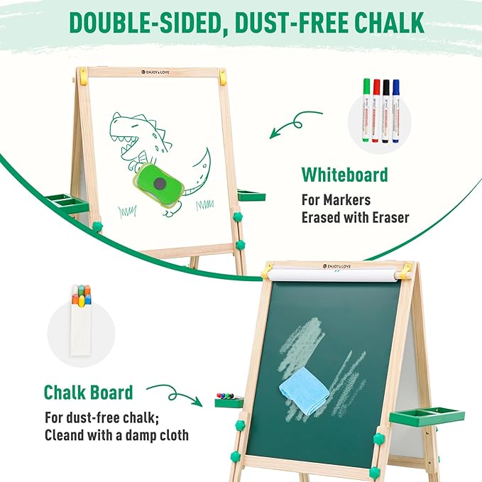 Extra Large Wooden Easel with Paper Roll, Art Easel for Kids White Board & Chalkboard 2 Sided, Height Adjustable, Foldable Drawing Board Includ Rich Painting Accessories, L: 25.5, W: 20.9, H: 43.3inch