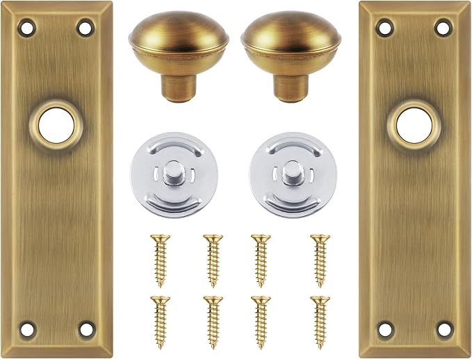 2 Pack Vintage Single-Sided Dummy Door Knobs Interior, Antique Brass Long Plate Dummy Door Knobs
