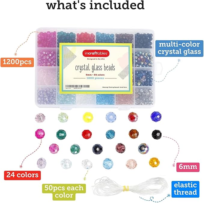 Incraftables Crystal Beads for Bracelets 1200pcs 24 Colors. Bicone Crystal Glass Beads for Jewelry Making Bulk (6mm). Best Faceted with Elastic String. Small Bead Bracelet for DIY Crafts