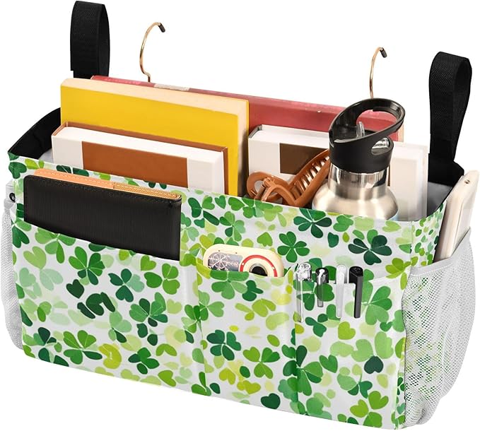 Bright Green Clover St. Patrick Bedside Caddy for Dorm Bed Bedside Hanging Caddy Bag Iron Frame Storage Organizer Pocket for Bunk Home College Hospital Beds 2 Hooks
