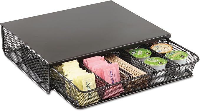 Safco Coffee and Sugar Organizer 3274BL Hospitality Tray, Home, Office, & Hotel, 1 Drawer, Black, 12"W x 11"D x 3 ¼"H