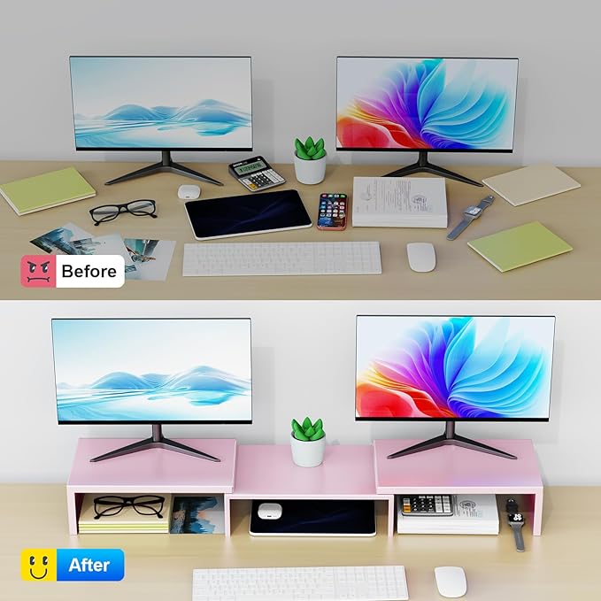 OUTIOE Dual Monitor Stand for Desk, Metal Monitor Riser, Pink office Supplies and Accessories (Pink)