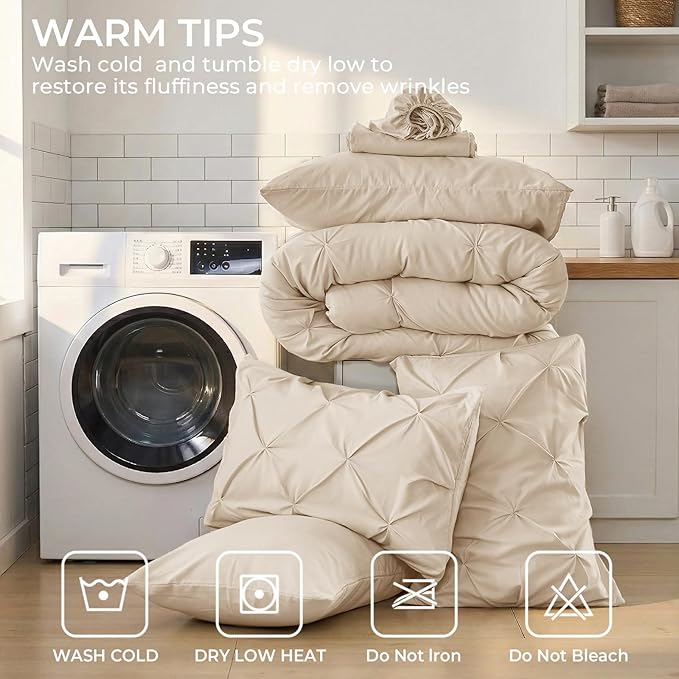 Sasttie King Size Comforter Set, 7-Piece Bed in a Bag, Pintuck Bedding Set for All Season, Includes Comforter, Flat Sheet, Fitted Sheet, Pillowcases and Pillowshams, Warm Beige