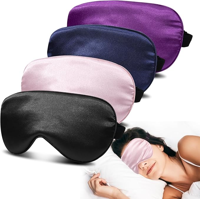 JroyJoy 4 Pack Silk Sleep Mask - 100% Blackout, Zero Eye Pressure, Blindfold with Adjustable Strap, Super Soft Travel Eye Covers (Black, Pink, Blue, Purple)