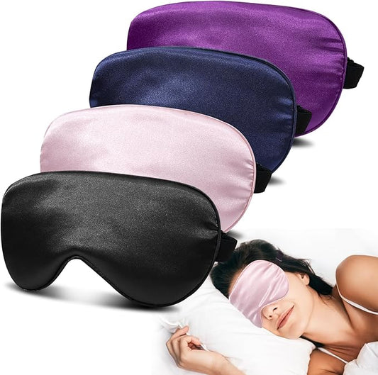 JroyJoy 4 Pack Silk Sleep Mask - 100% Blackout, Zero Eye Pressure, Blindfold with Adjustable Strap, Super Soft Travel Eye Covers (Black, Pink, Blue, Purple)