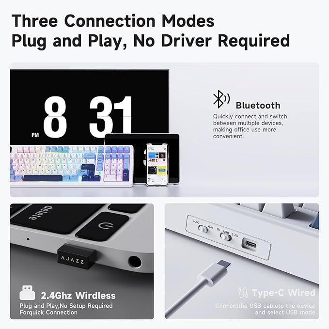 NACODEX Ajazz AK980 Blue White Wireless Mechanical Gaming Keyboard,Tri-Mode BT5.0/2.4GHz/USB-C Hot Swappable RGB Backlit Computer Gaming Keyboards for PC/Tablet/PS/Xbox