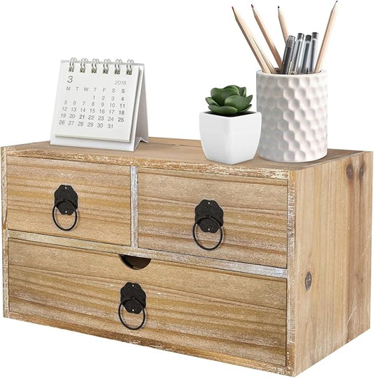 Washed White Wood Desk Organizer, Mini Desktop Organizer with Drawers, Tabletop Storage Organization for Home Office Supplies Vanity, No Assembly Required (3 Drawer)