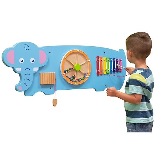 SPARK & WOW Elephant Activity Wall Panel - Ages 18m+ - Montessori Sensory Wall Toy - 3 Activities - Busy Board - Toddler Room Décor