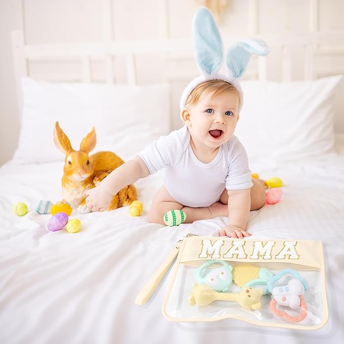 BuyCard 2 Pcs Preppy Patch Clear Mama Bag, Women Chenille Letter Makeup Cosmetic Bag for Travel, PVC Waterproof Organization Outdoor Zipper Pouch Toiletry Bag for Women Girl