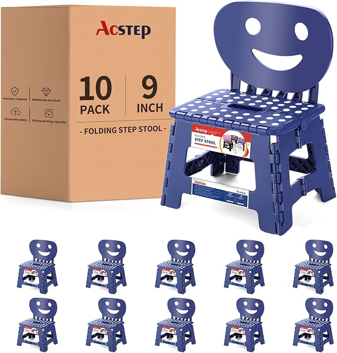 ACSTEP Folding Step Stool with Back Support for Kids,9" Kids Step Stool for Outdoor or Indoor Kitchen Step Stools and Bathroom Stool for Toddlers Boys Girls - Royal Blue, 10 Pack