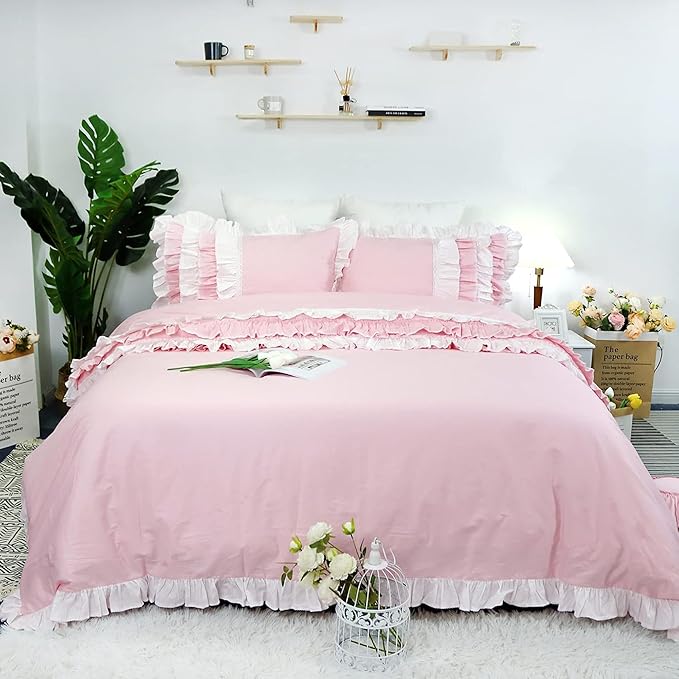 Helthep Pink Ruffle 3Pcs Duvet Cover Set King, 100% Cotton Girls Bedding Set Princess Lace Patchwork Soft Breathable Washed Cotton, (1 Duvet Cover + 2 PillowShams, Comforter Not Included)