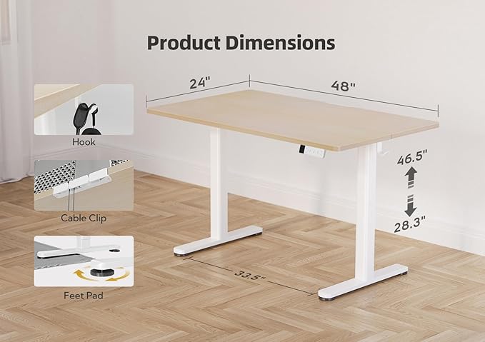 YDN Electric Standing Desk Adjustable Height, 48 x 24 Inches Stand up Desk with Cable Management, Home Office Desks with Splice Board & White Frame, Nature Top