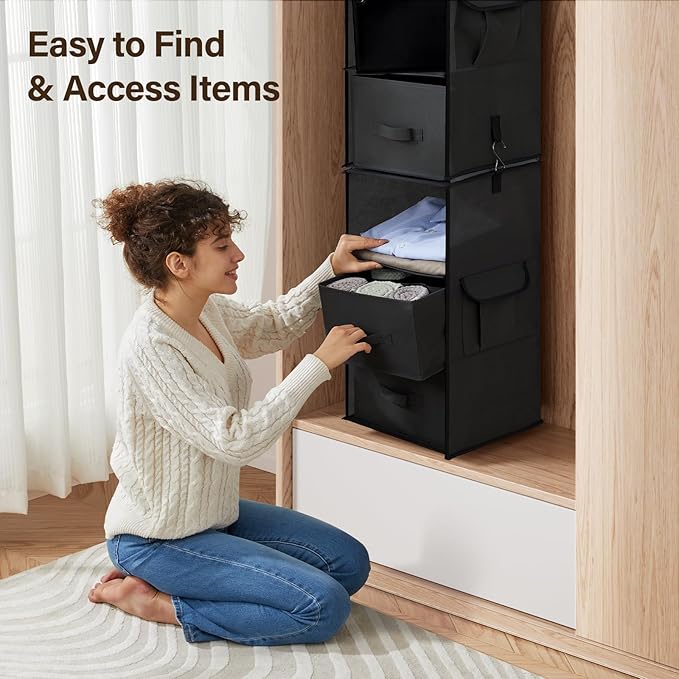 Pipishell 6-Shelf Hanging Closet Organizer with 2 Separable 3-Tier Shelves, 3 Drawers & Side Pockets Closet Organizers and Storage for Wardrobe Organization and Nursery Clothes Organizer, Black