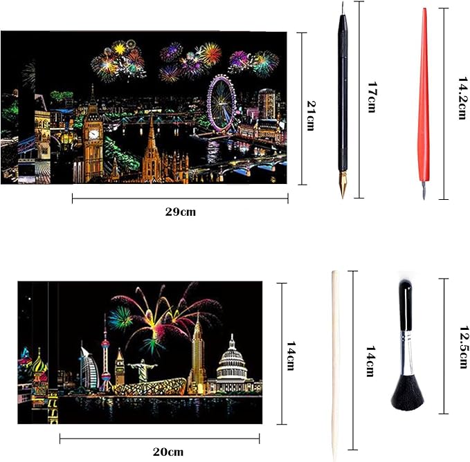 Georgie Porgy Scratch Paper Art A4 Set for Kids Adults Magic Rainbow Scratch Postcards Boards for DIY Arts and Crafts Kits Christmas Birthday Gift with Scratching Tools Kit (Beauty+Fireworks City)
