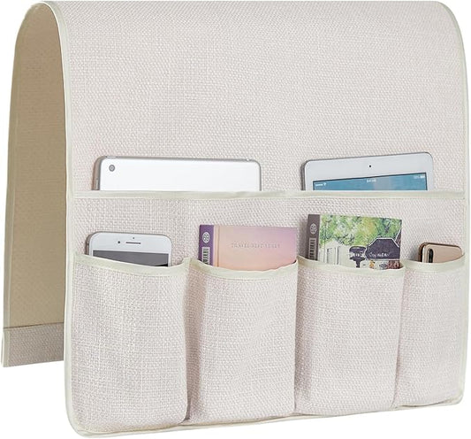 FLYILY Sofa Armrest Organizer Non-Slip Arm Chair Hanging Caddy Remote Control Holder for Magazine,Tablet, Phone, Books, Glasses(Cream,19in)